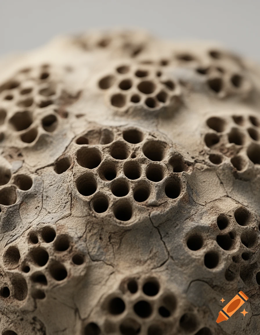 Macro photorealistic shot of dry cracked seed pods featuring clusters of circular holes.