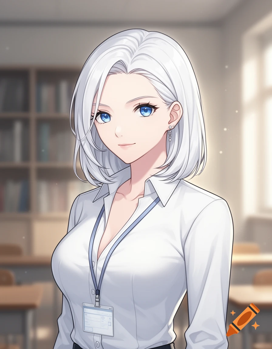 Anime style portrait of a young woman with white hair and blue eyes, wearing a white shirt and lanyard with an ID badge in a classroom.