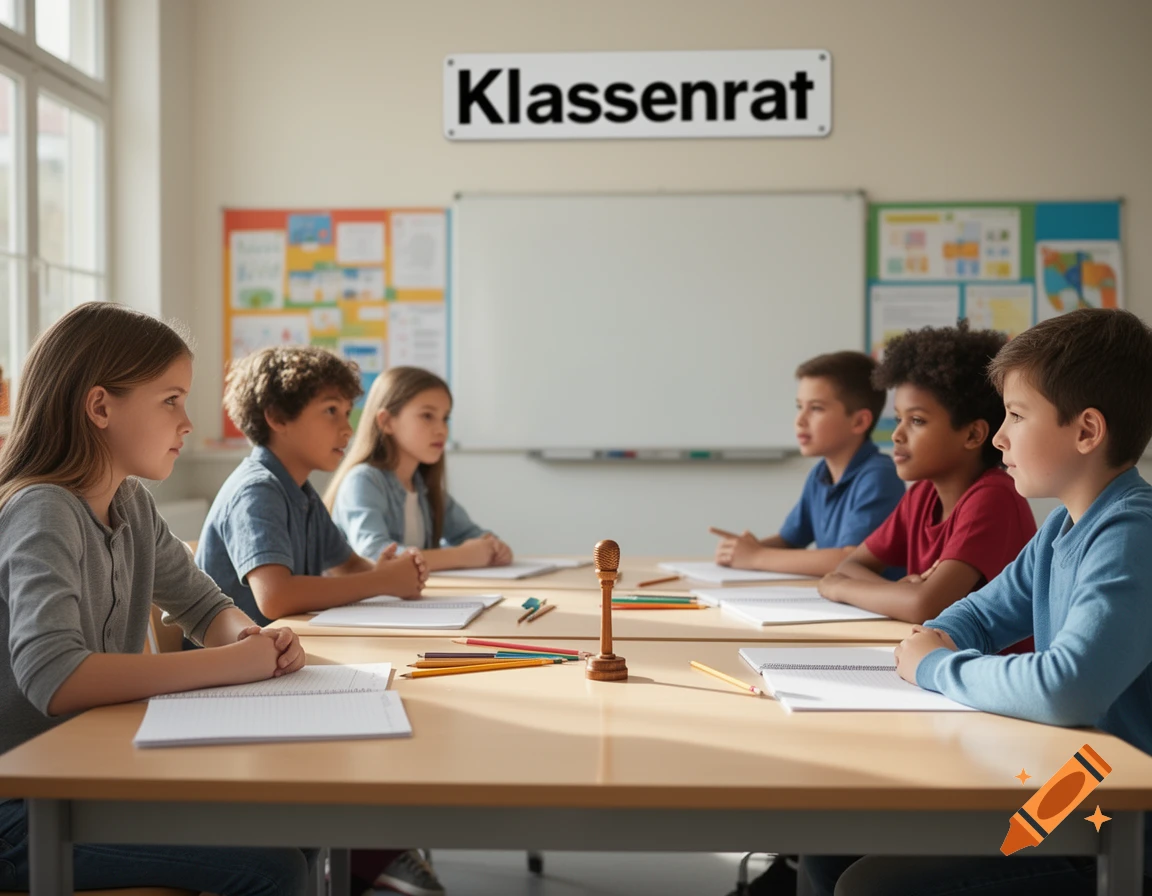 Children sitting around a table in a classroom with a sign reading 'Klassenrat' on the wall.