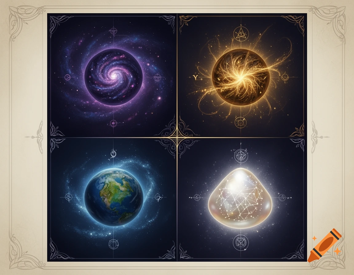 A square panel divided into four sections, each featuring a mystical round seed resembling a galaxy or celestial orb in a fantasy style.