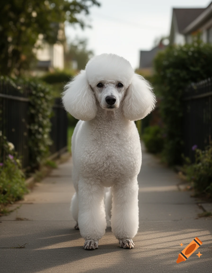 Photorealistic image of a white standard poodle standing on a concrete sidewalk between fences.