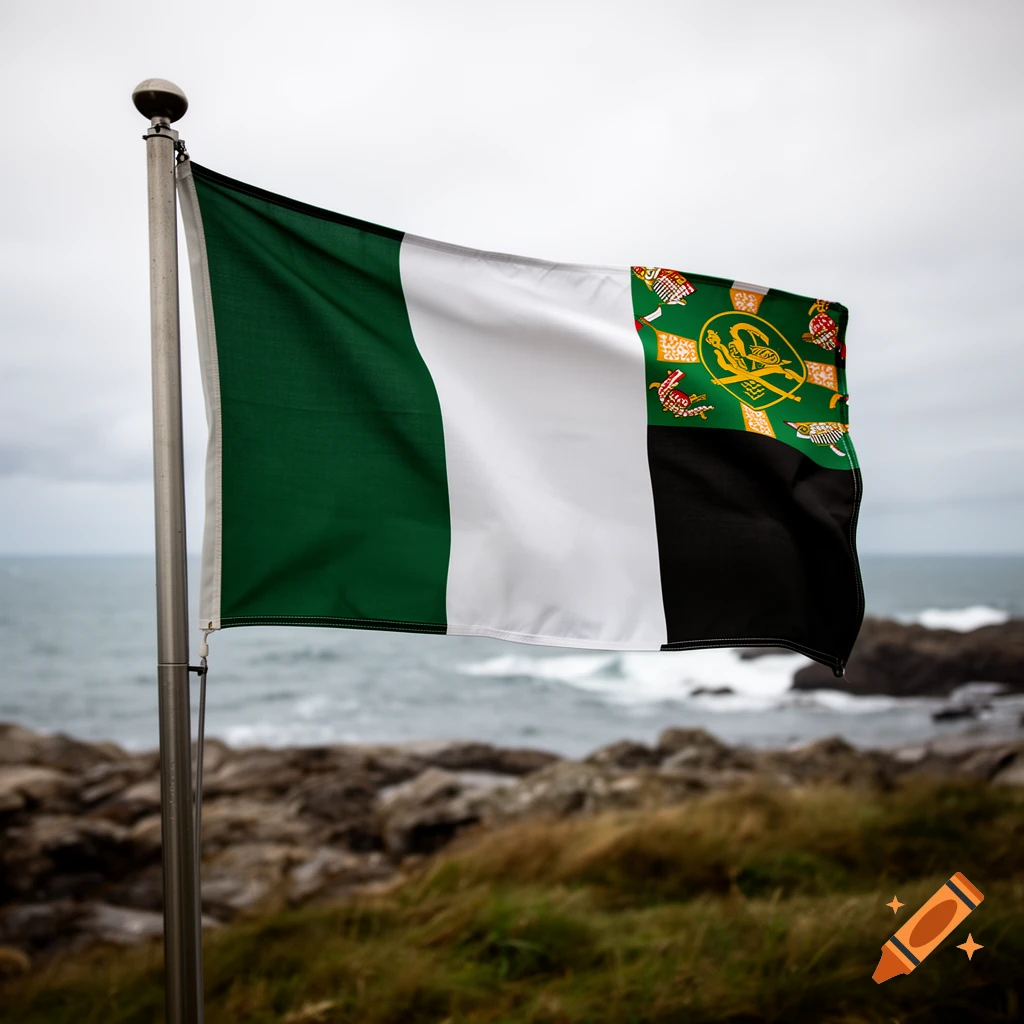 A photograph of a flag combining elements of the Irish and Breton flags flying on a flagpole by a rocky coastline with ocean waves in the background.