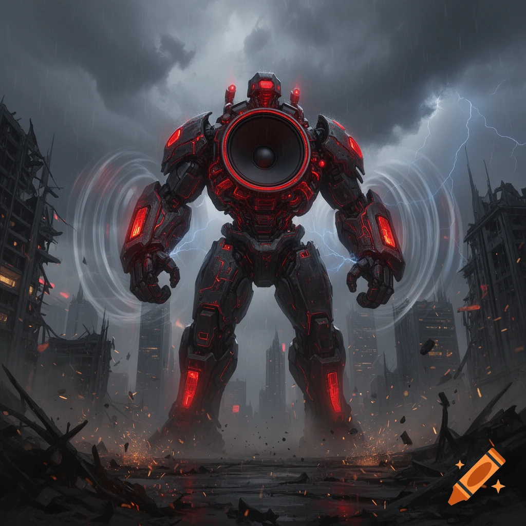 A massive, powerful robot with a giant speaker for a chest stands amidst a ruined, stormy cityscape.