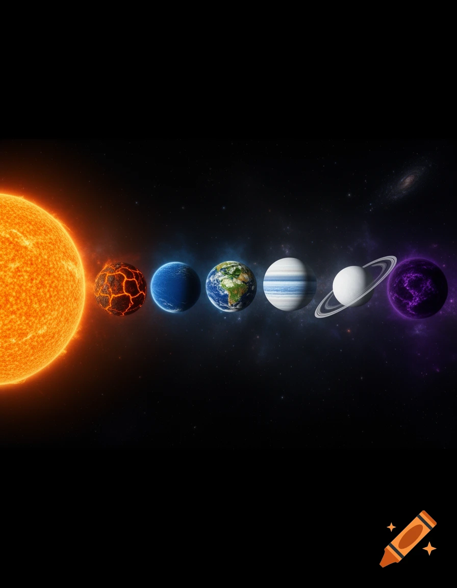 Photorealistic digital art of a glowing orange sun and six planets in a sweeping arc against a dark cosmic background.