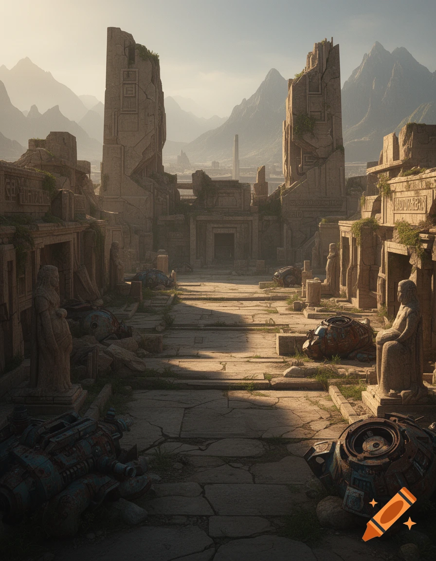 An ancient, ruined stone city street with monumental pillars, weathered statues, and scattered futuristic debris under a hazy sky, photorealistic style.