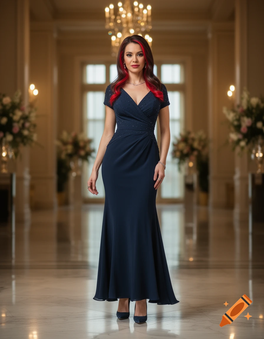 Full-body photorealistic portrait of a woman with red highlights in her hair, wearing a dark blue formal gown in a grand hallway.