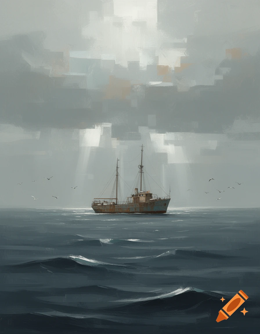 An oil painting of a lone ship sailing on a calm ocean under a cloudy sky with sunbeams.