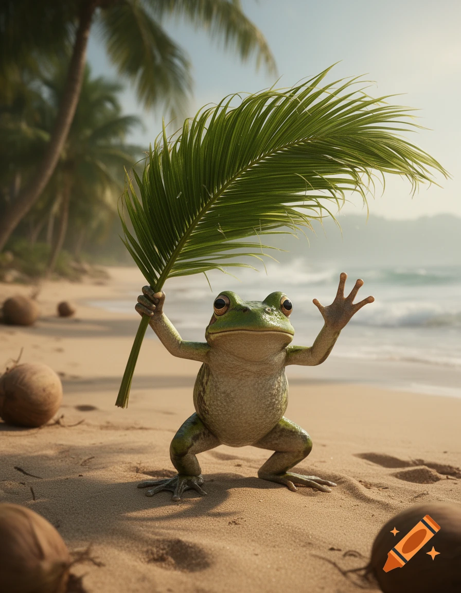 Photorealistic image of a realistic frog standing on a sandy beach, holding a palm frond like an umbrella, with ocean and palm trees in the background.