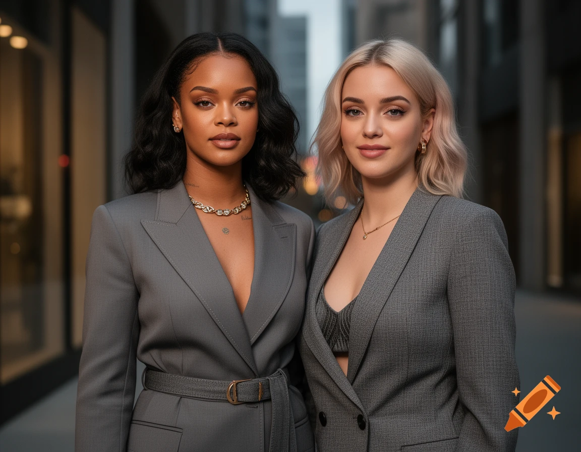 Photorealistic portrait of two women in grey business suits standing outdoors in a city setting.