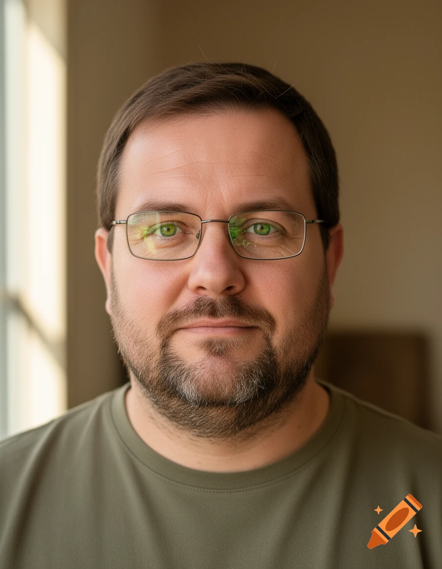 Close-up photorealistic portrait of a middle-aged man with short brown hair, a trimmed beard, green eyes, and glasses, wearing an olive green t-shirt.