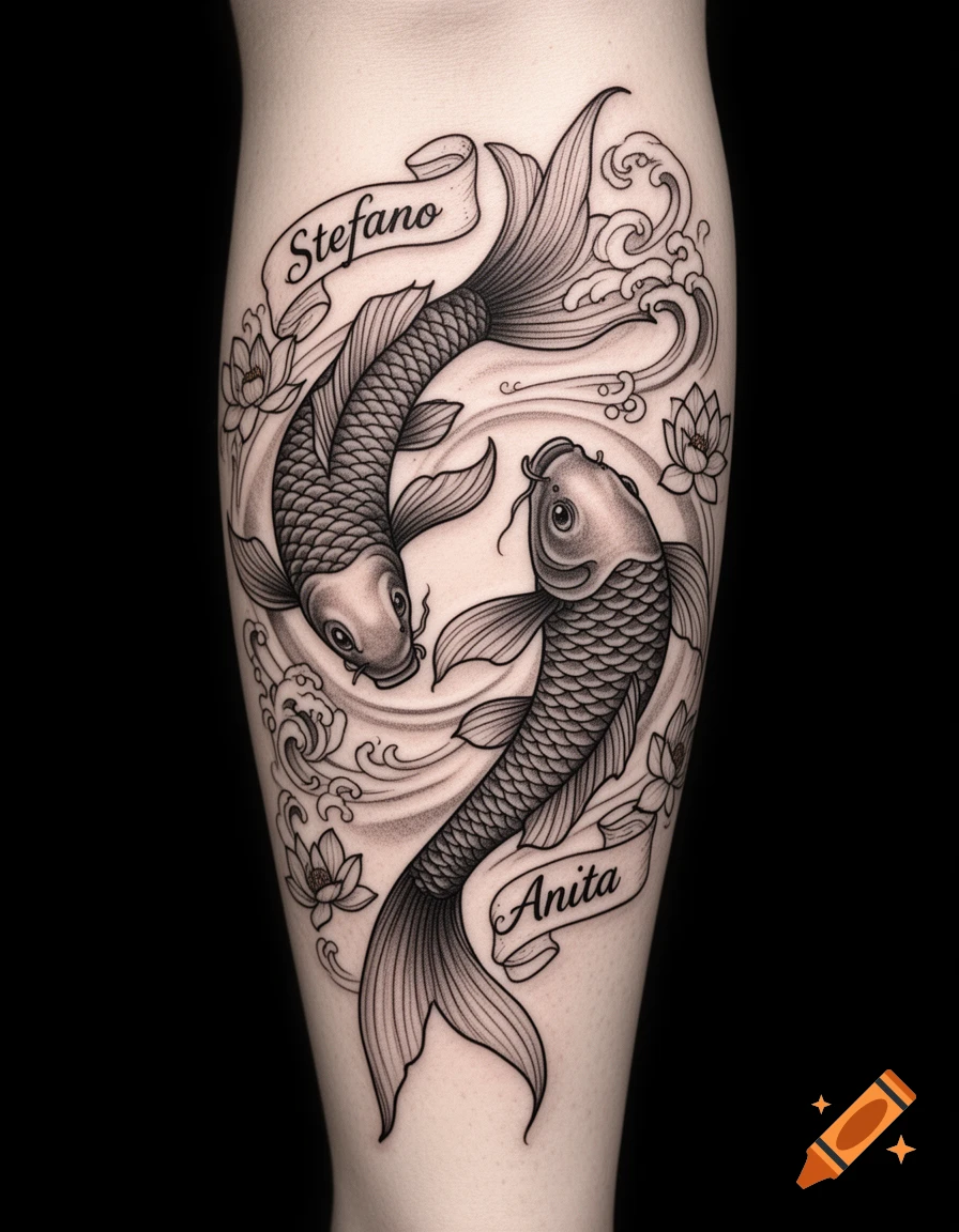 Black and grey tattoo design on a calf showing two koi fish swimming in a circle, surrounded by waves and lotus flowers, with the names Stefano and Anita on banners.