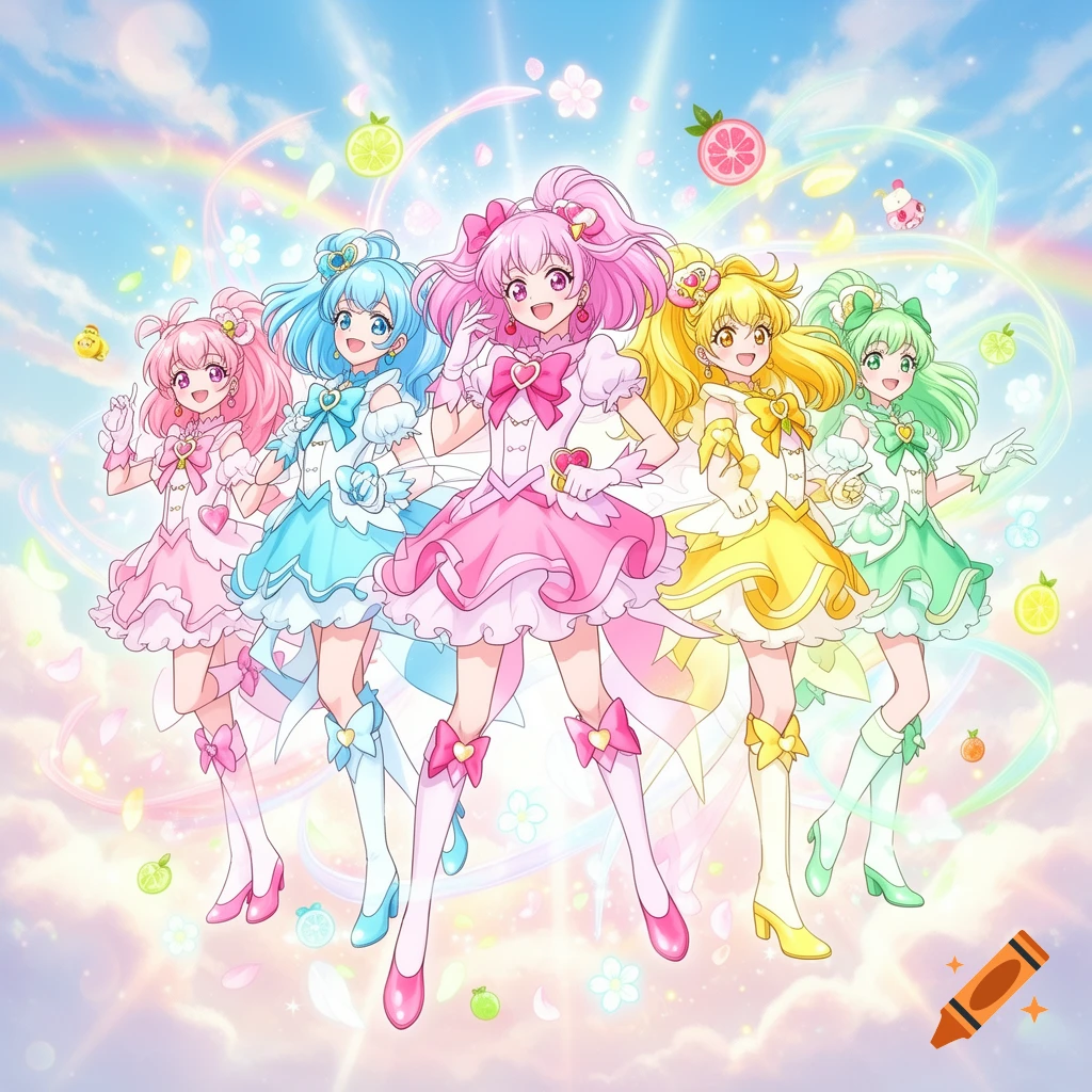 Five magical girl anime characters in colorful dresses posing together against a blue sky with clouds and rainbow.