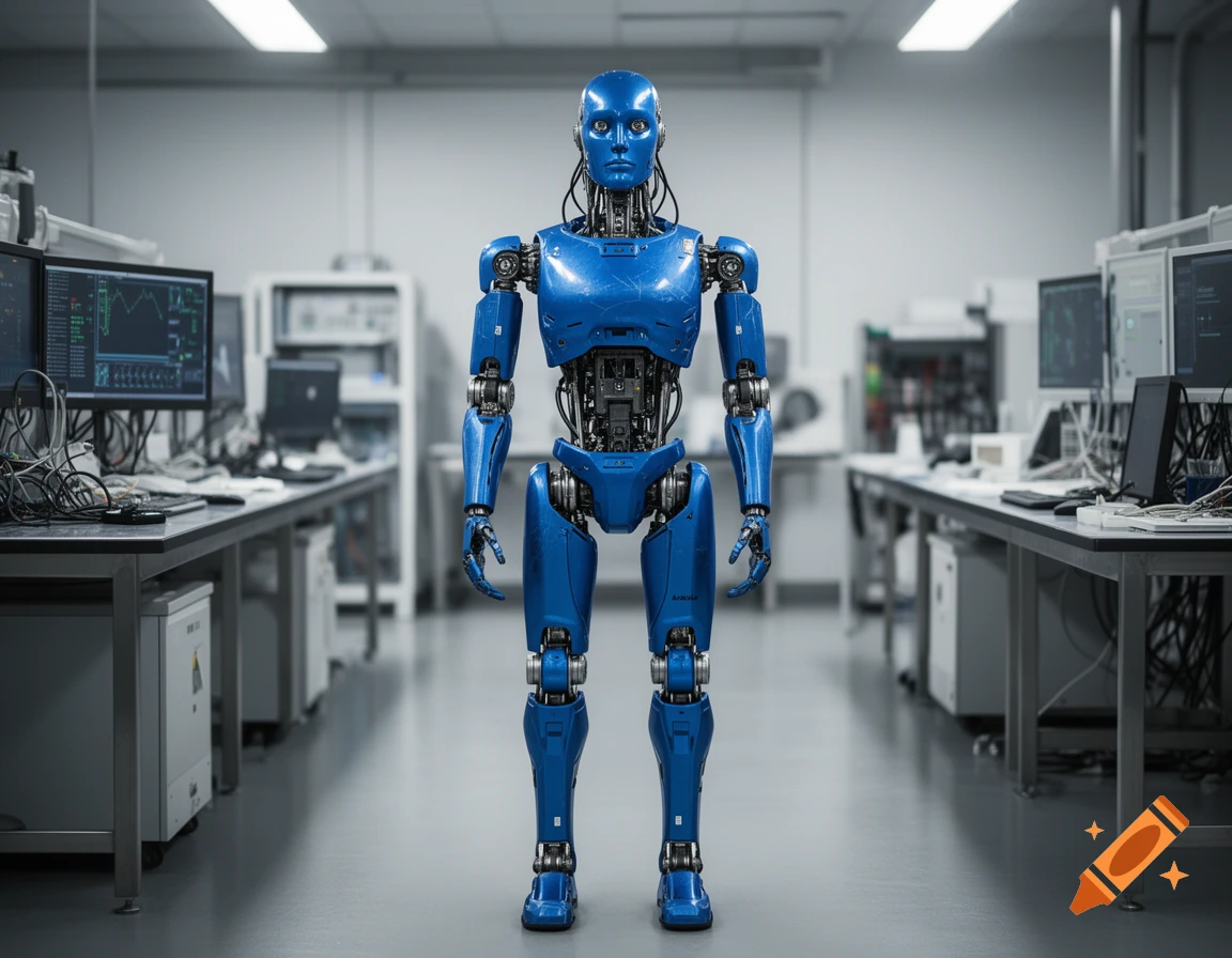 A full-body shot of a glossy blue humanoid robot standing in a modern laboratory setting.