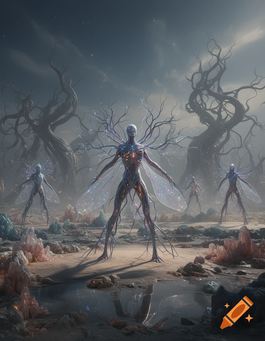 An otherworldly landscape with neuron-like humanoid creatures and gnarled trees under a cloudy sky.