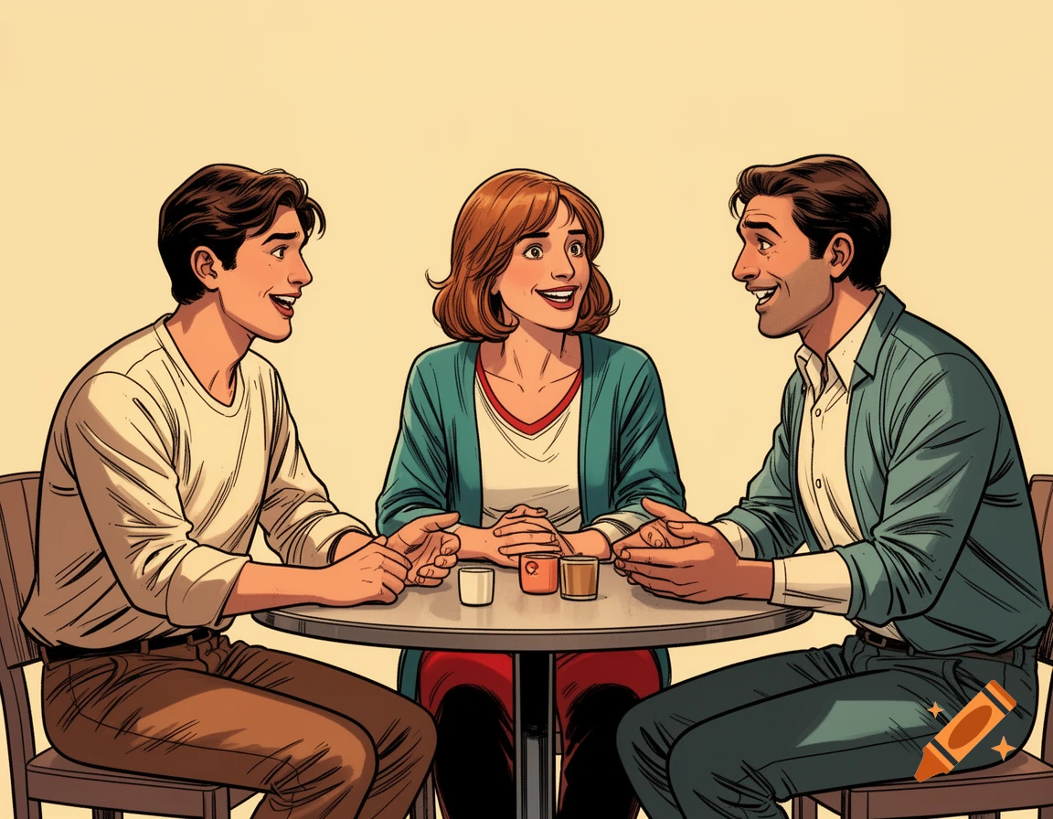 Three people sitting around a small round table in a semi-realistic comic style.