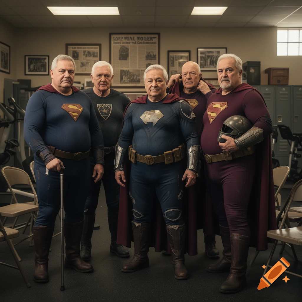 Photorealistic image of five overweight elderly men dressed in faded superhero costumes standing in a community center room.
