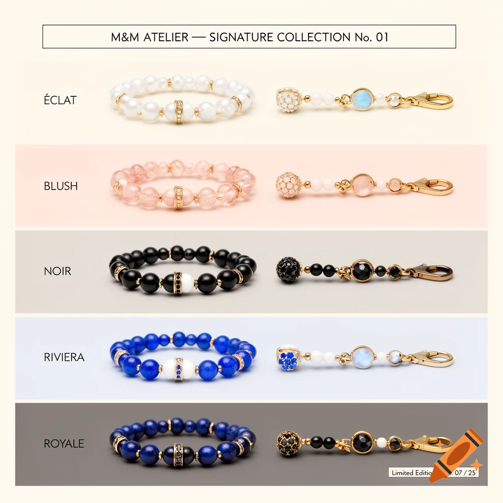 Product collage showing five horizontal sections of luxury jewelry collections with bracelets, charms, and labels.