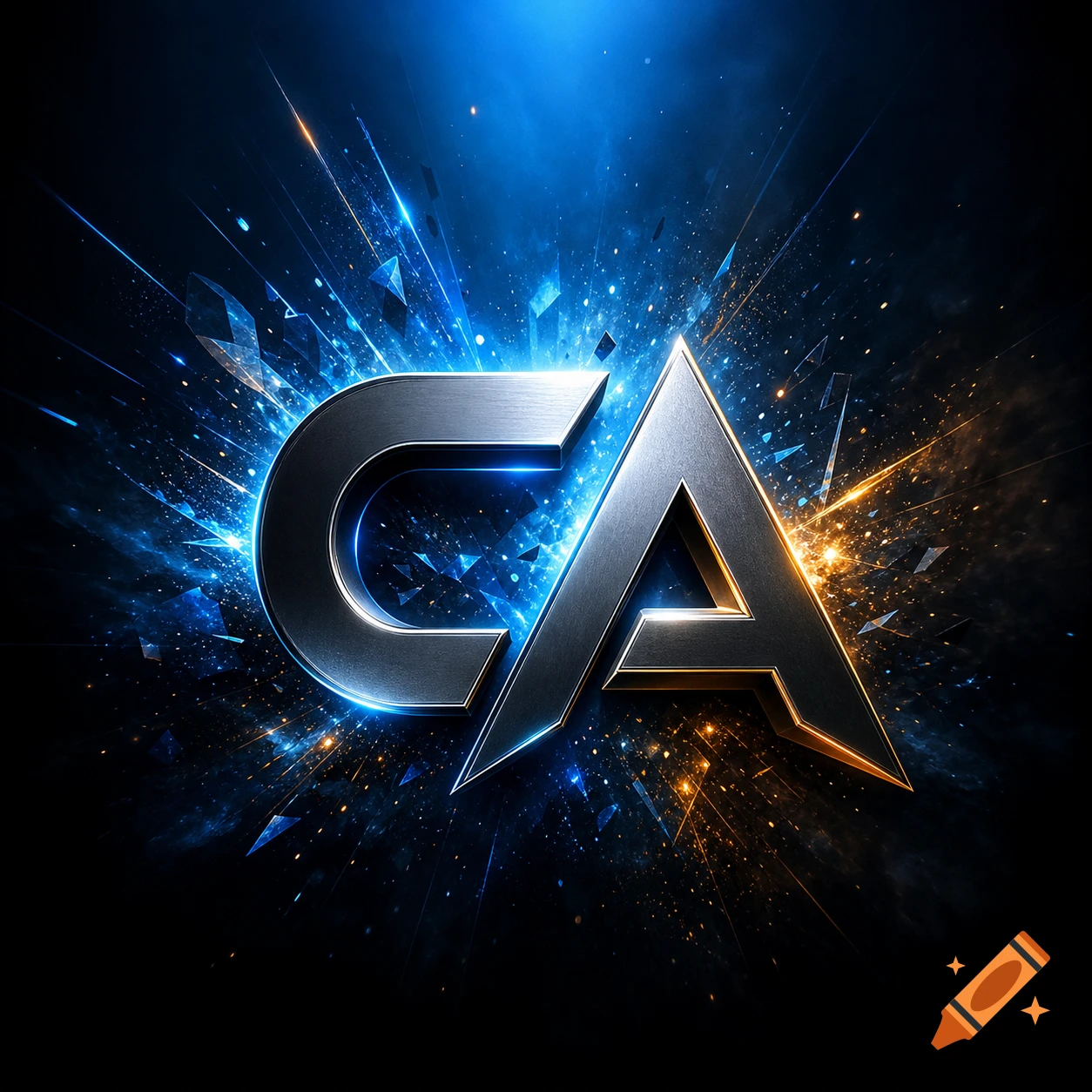Metallic initials CA surrounded by blue and gold glowing particle effects on a black background