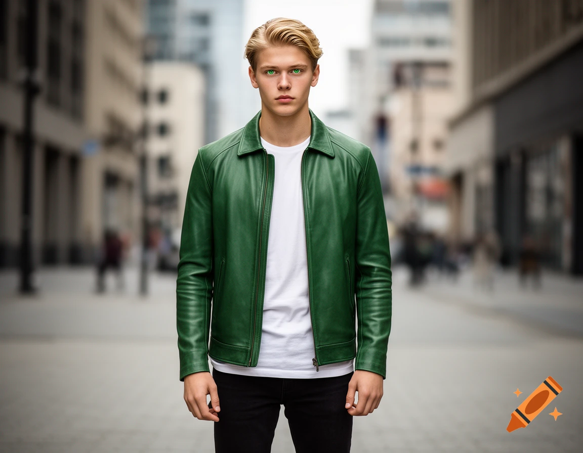 Photorealistic portrait of a young man with blond hair and emerald green eyes wearing a green leather jacket over a white t-shirt on a city street.