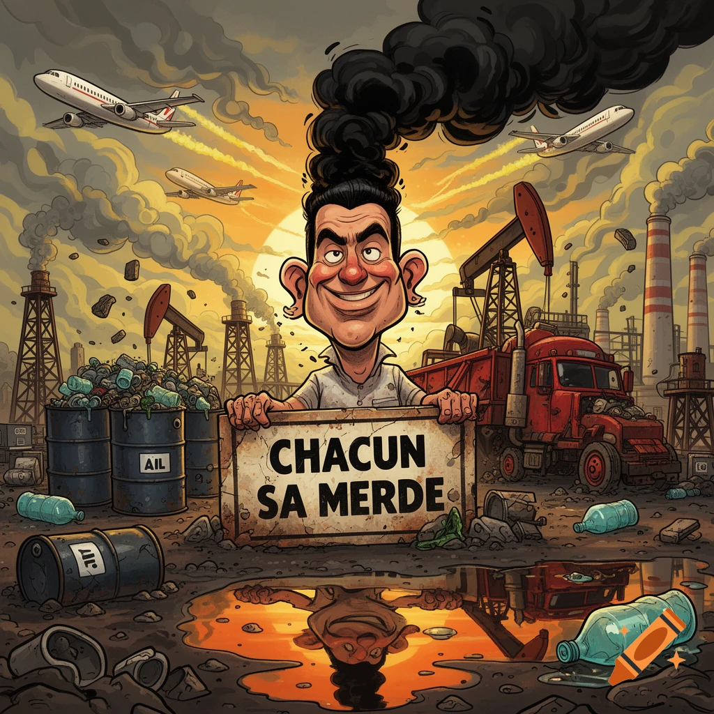 Caricature of a man holding a sign reading chacun sa merde amidst pollution, oil rigs, and smoking factories, in comic style.