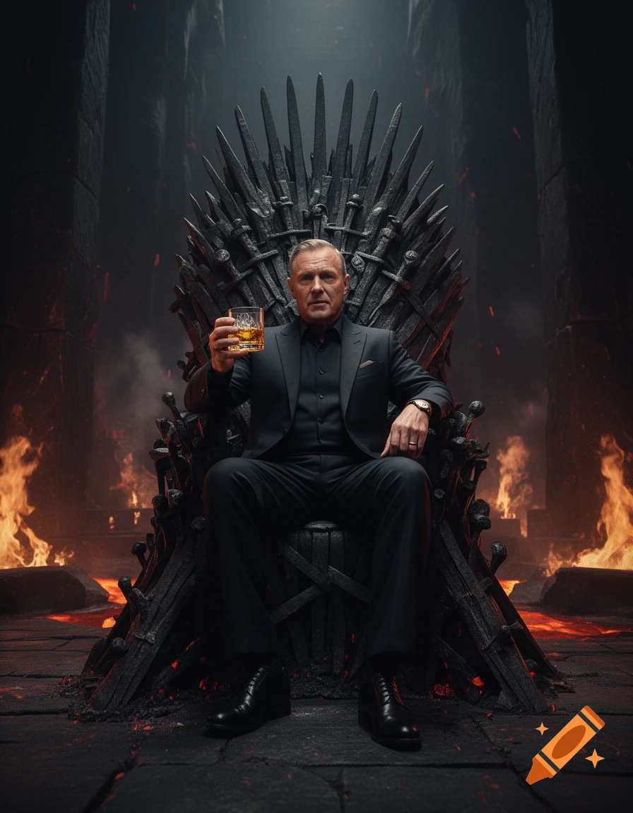 Photorealistic portrait of a man in a black suit sitting on a throne of swords in a fiery dungeon holding a glass of whiskey.