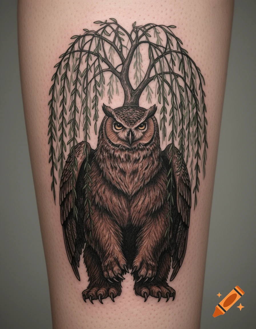 Tattoo on skin depicting an owlbear beneath a weeping willow tree, detailed linework.