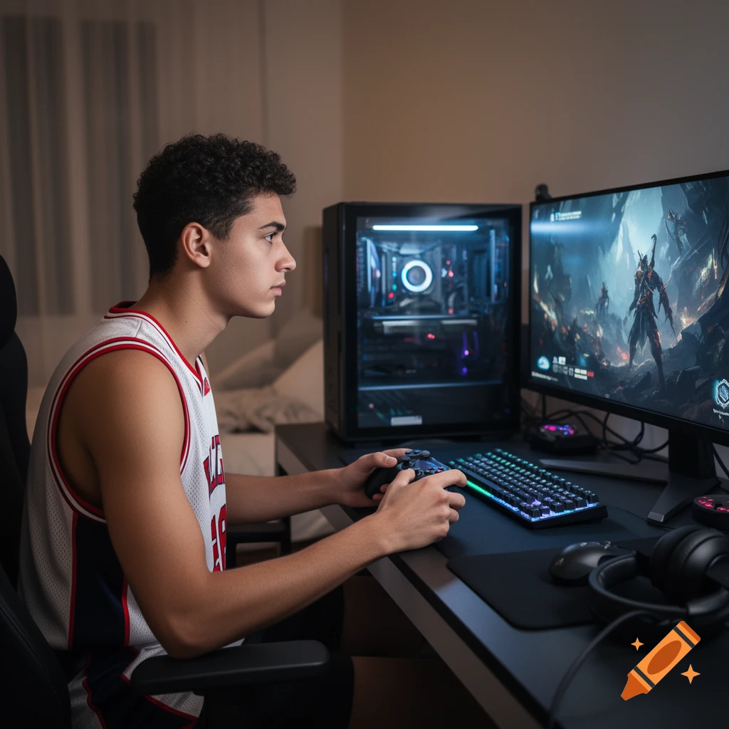 A young man in a basketball jersey playing video games using a controller in front of a computer monitor.