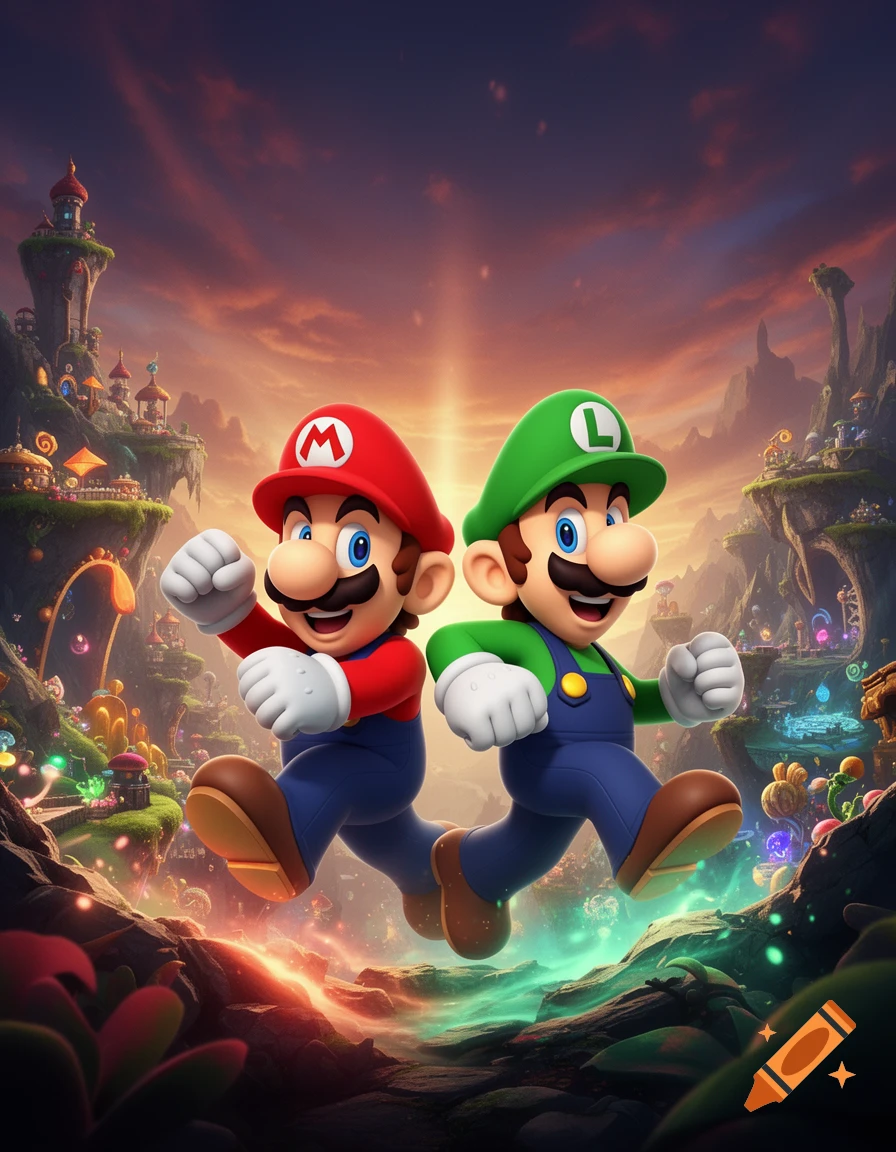 Mario and Luigi jumping joyfully together in a vibrant fantasy landscape with a sunset sky.