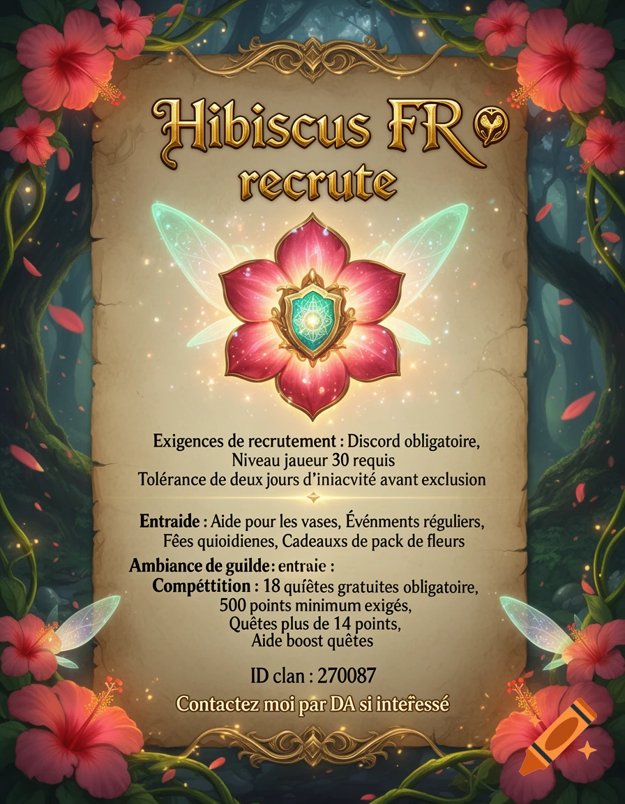 Fantasy recruitment poster for Hibiscus FR with a central pink magical flower and floral border.