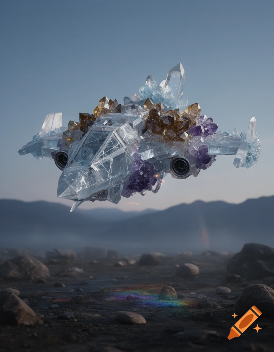 A photorealistic spaceship made entirely of translucent blue, brown, and purple crystal clusters hovering over a rocky landscape.
