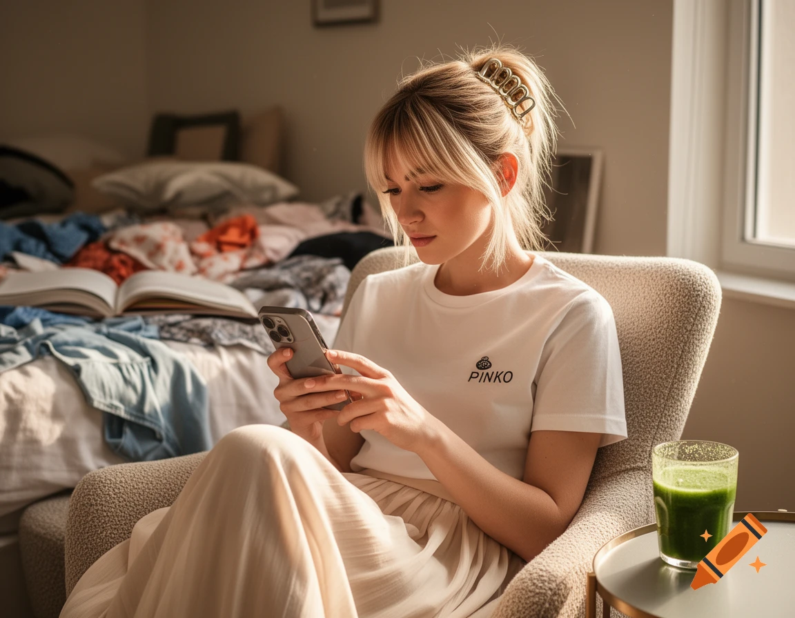 Photorealistic medium shot of a young blonde woman sitting in an armchair in a messy room, typing on her smartphone.