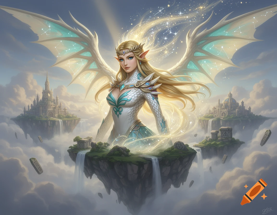 Digital painting of a draconified Princess Zelda with celestial dragon wings floating above clouds in Hyrule.