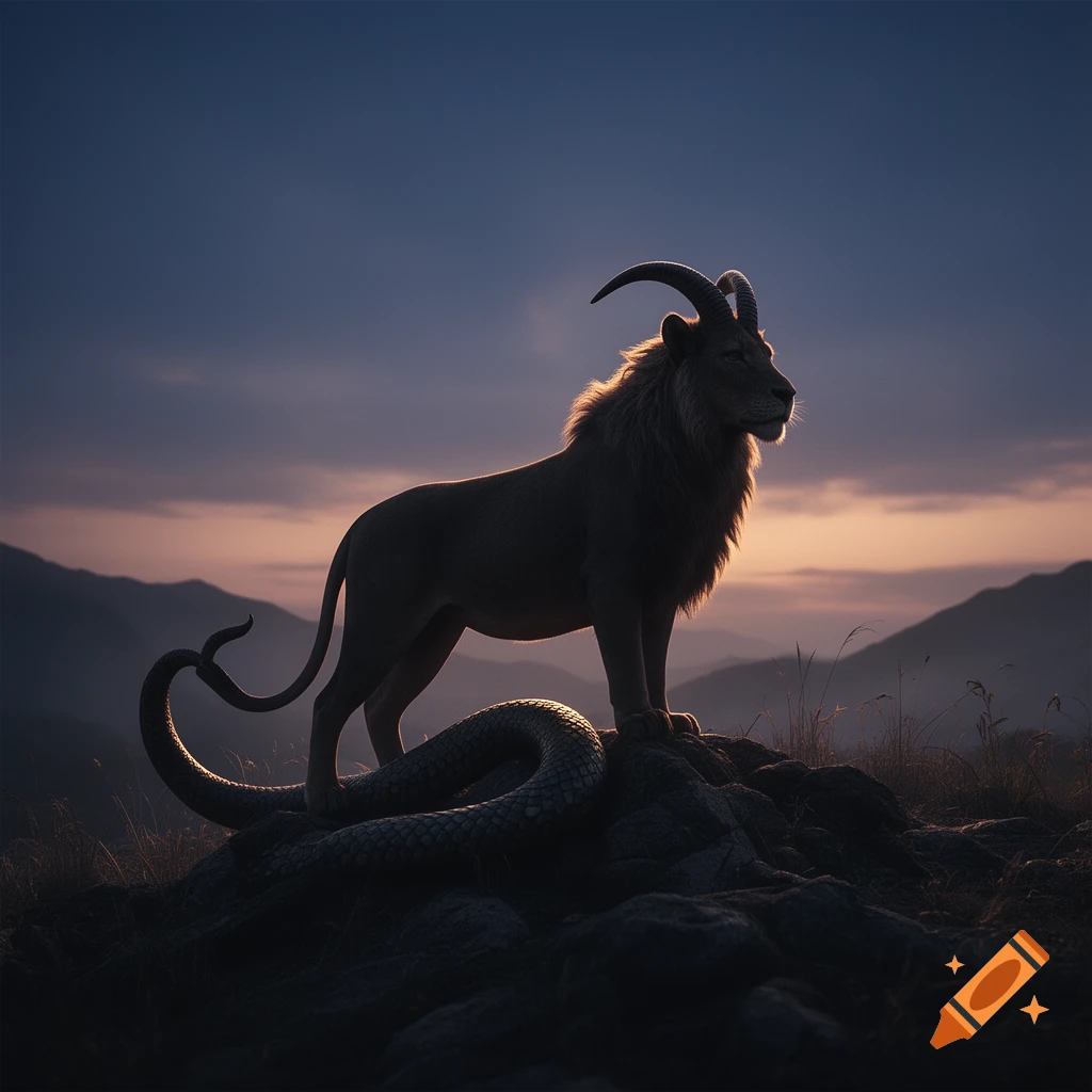 Silhouette of a mythical chimera with a lion body, goat horns, and snake tail standing on a rocky outcrop at sunset.