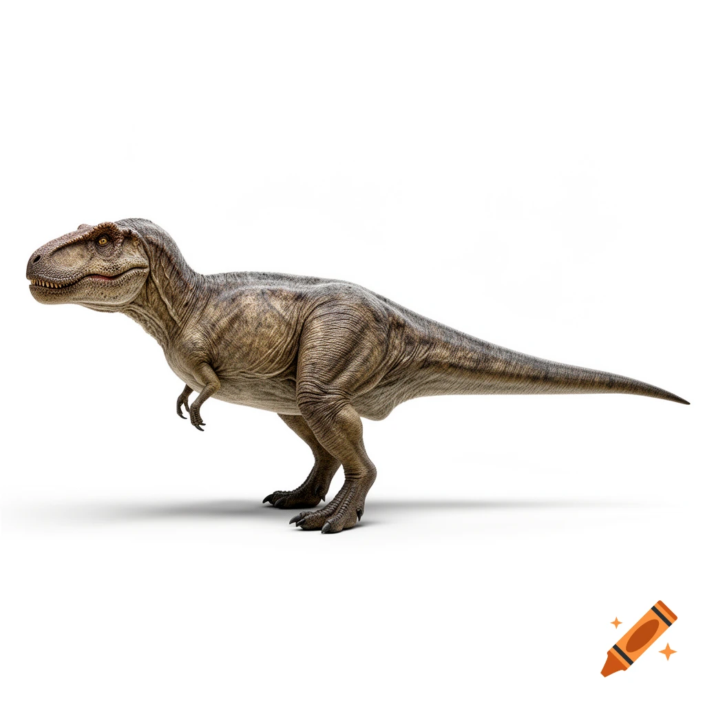 Photorealistic side profile of a Tyrannosaurus Rex standing on a white background.