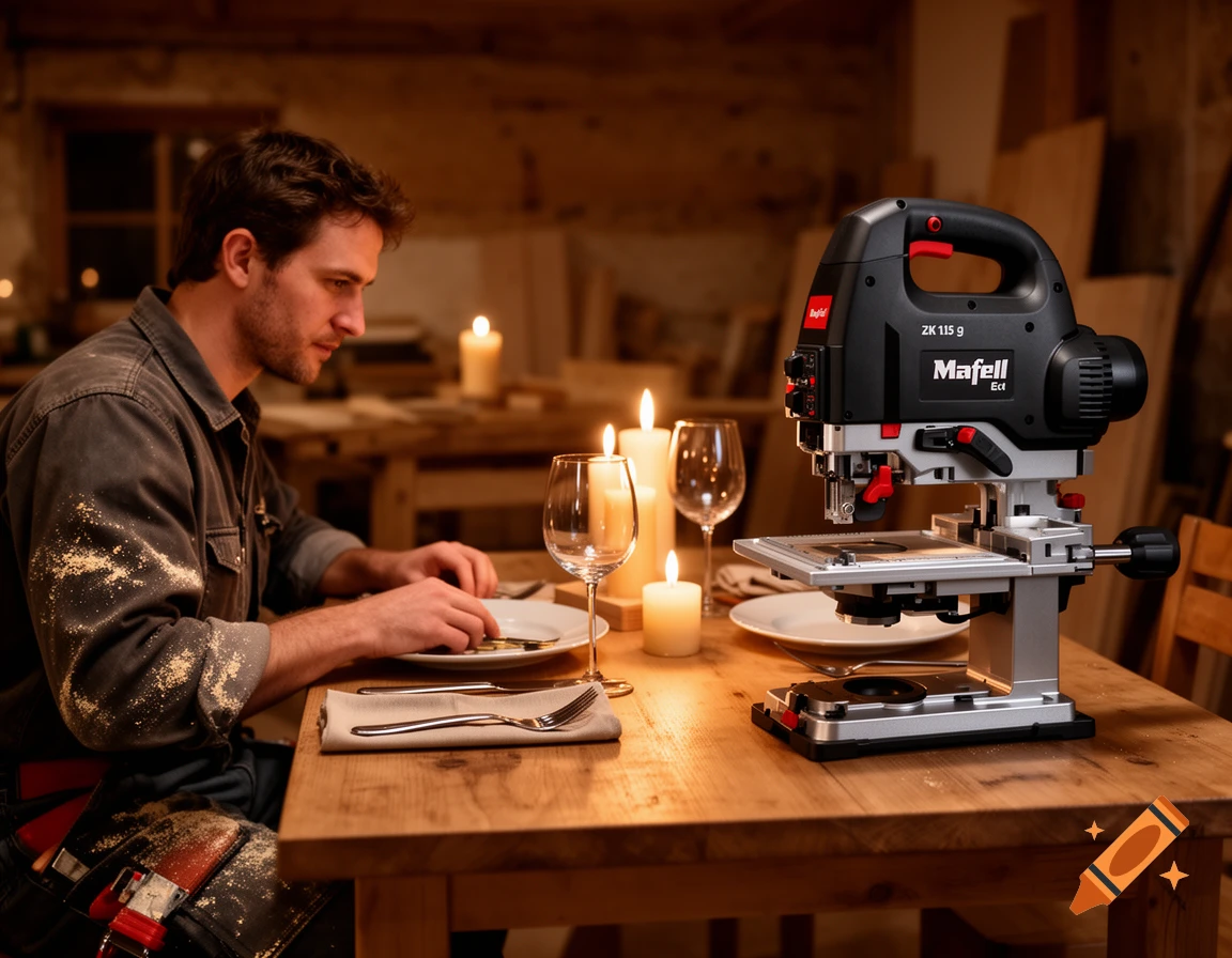 A carpenter having a romantic candlelit dinner with a power tool instead of a partner in a rustic wooden workshop, photorealistic.