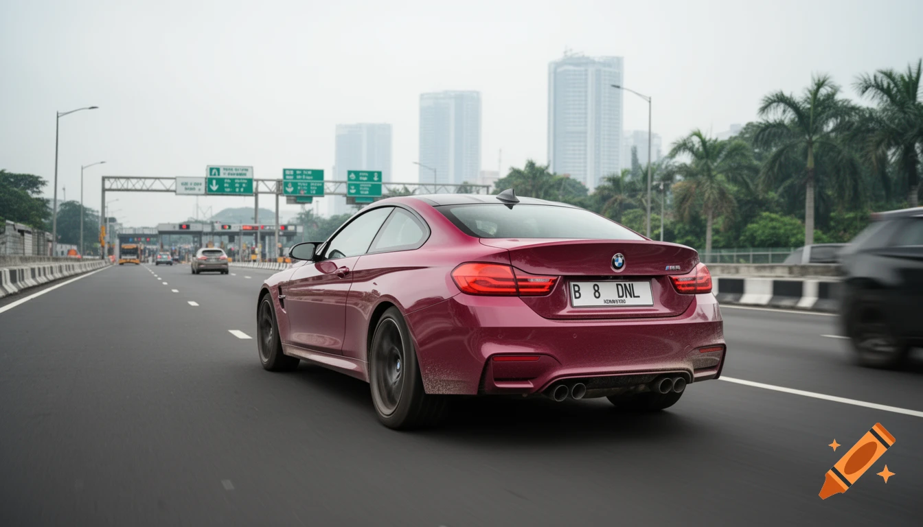 Photorealistic shot of a wild berry BMW M4 driving on a Jakarta toll road with an Indonesian license plate.