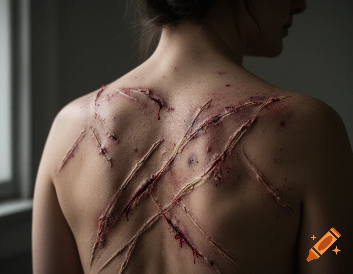 Photorealistic back view of a woman with severe scars and wounds.