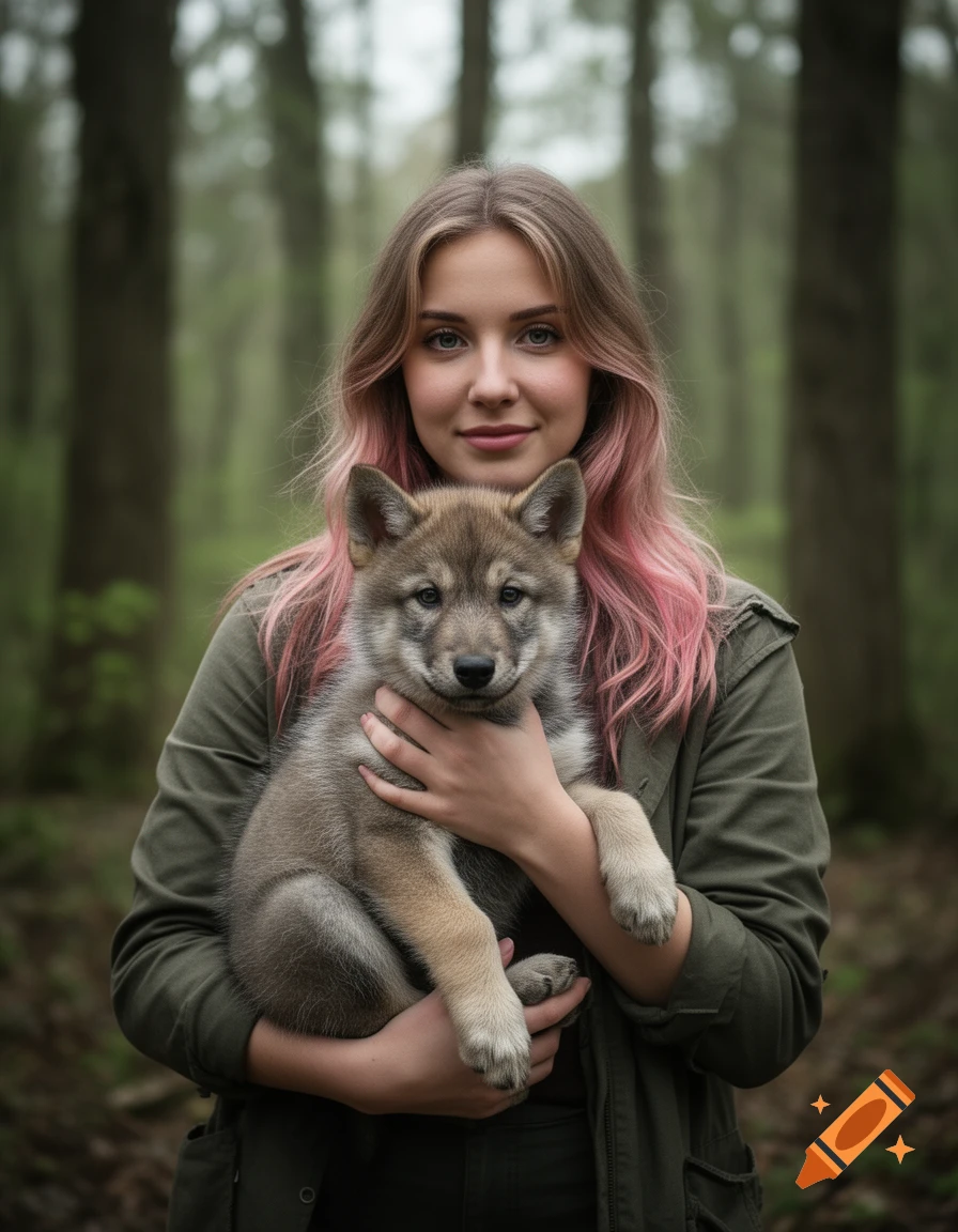 Photorealistic portrait of a young woman with pink-highlighted hair holding a wolf puppy in a forest setting.