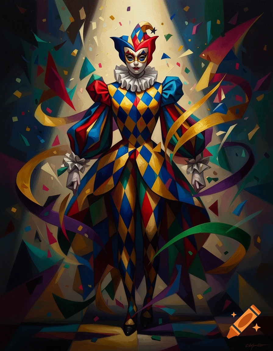 An abstract, geometric oil painting of a theatrical harlequin in a colorful diamond-patterned costume under a spotlight with confetti.