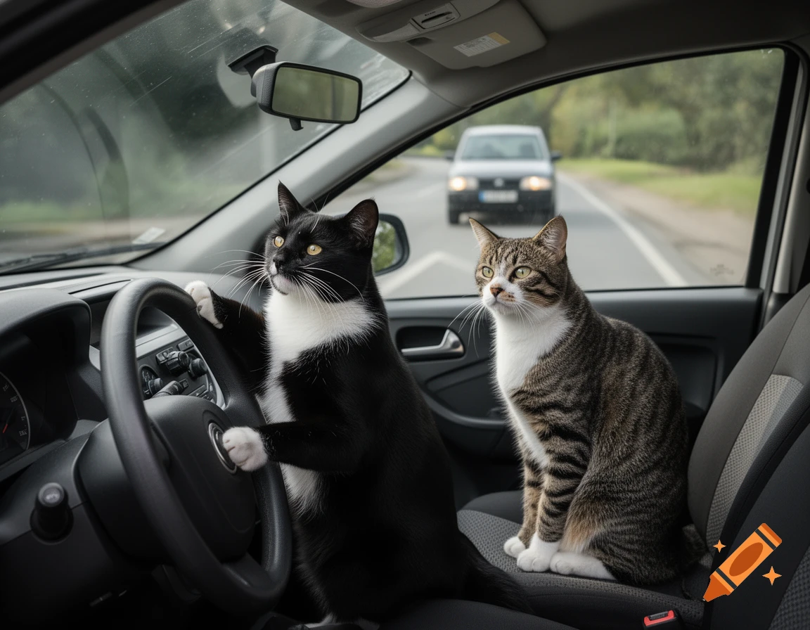Photorealistic image of two cats sitting inside a car, one black and white cat driving and a tabby cat looking out the passenger window.