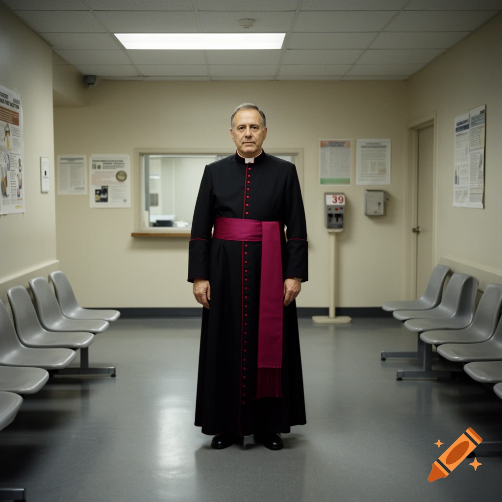 A photorealistic portrait of a middle-aged man wearing a black and red cassock standing in a waiting room.