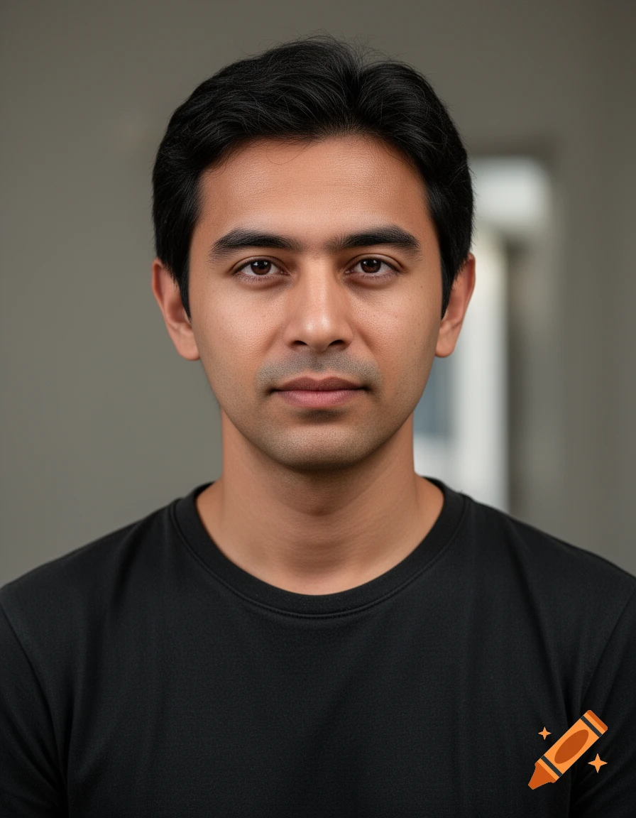 Close-up photorealistic portrait of a man with dark hair and a black t-shirt against a grey background.