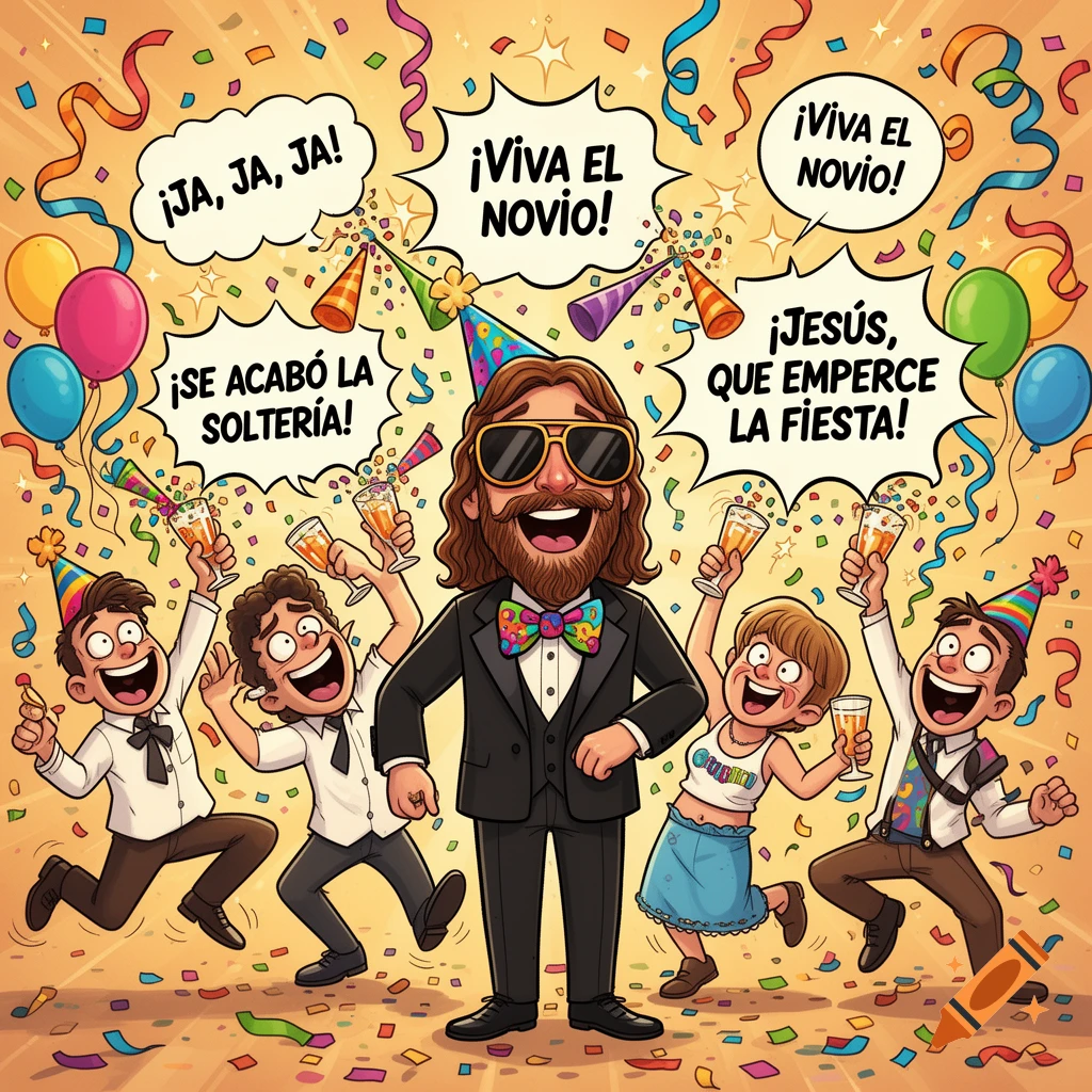 Comic cartoon illustration of a bachelor party with friends celebrating around a grinning groom wearing sunglasses and a party hat, with speech bubbles.