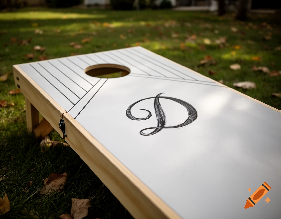Photorealistic cornhole board with a cursive letter D sitting on grass.
