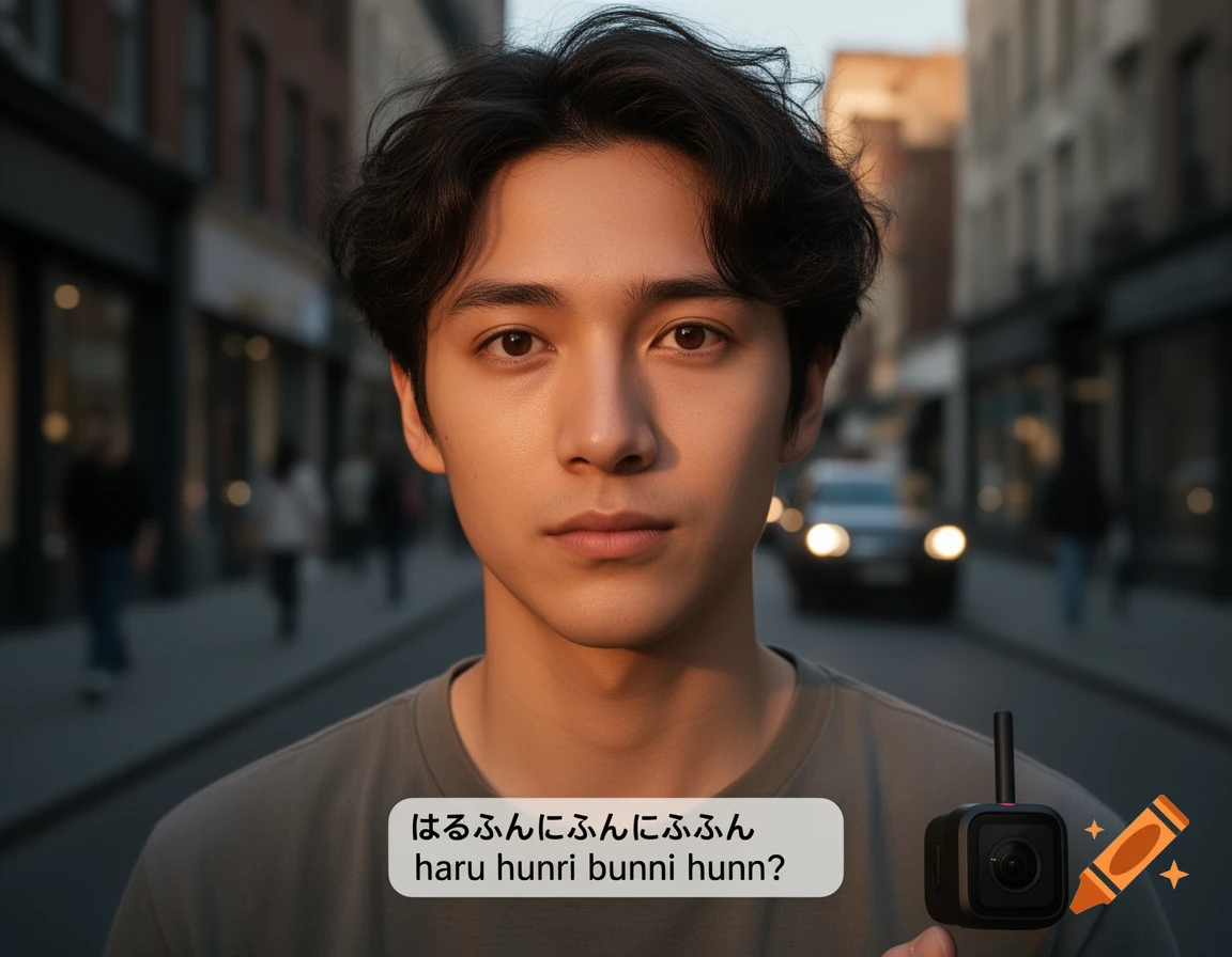 Photorealistic close-up portrait of a young man with dark wavy hair on a city street at sunset, holding a small camera with a speech bubble showing Japanese and English text.