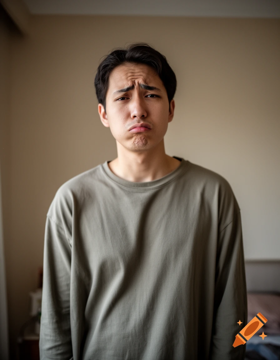 Photorealistic portrait of a young Asian man looking displeased with a pouting expression, wearing a green longsleeve shirt.