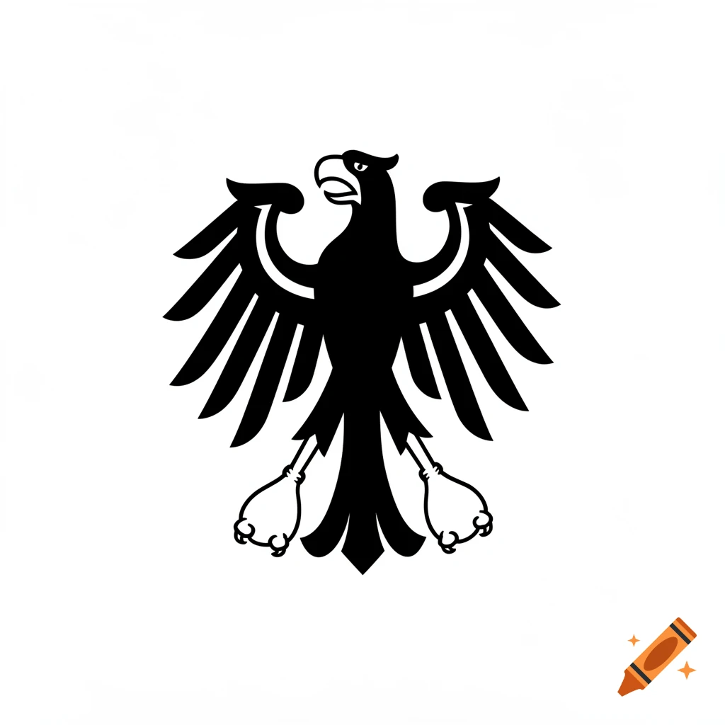 A black and white line drawing of a stylized eagle with chicken legs replacing claws on a white background.