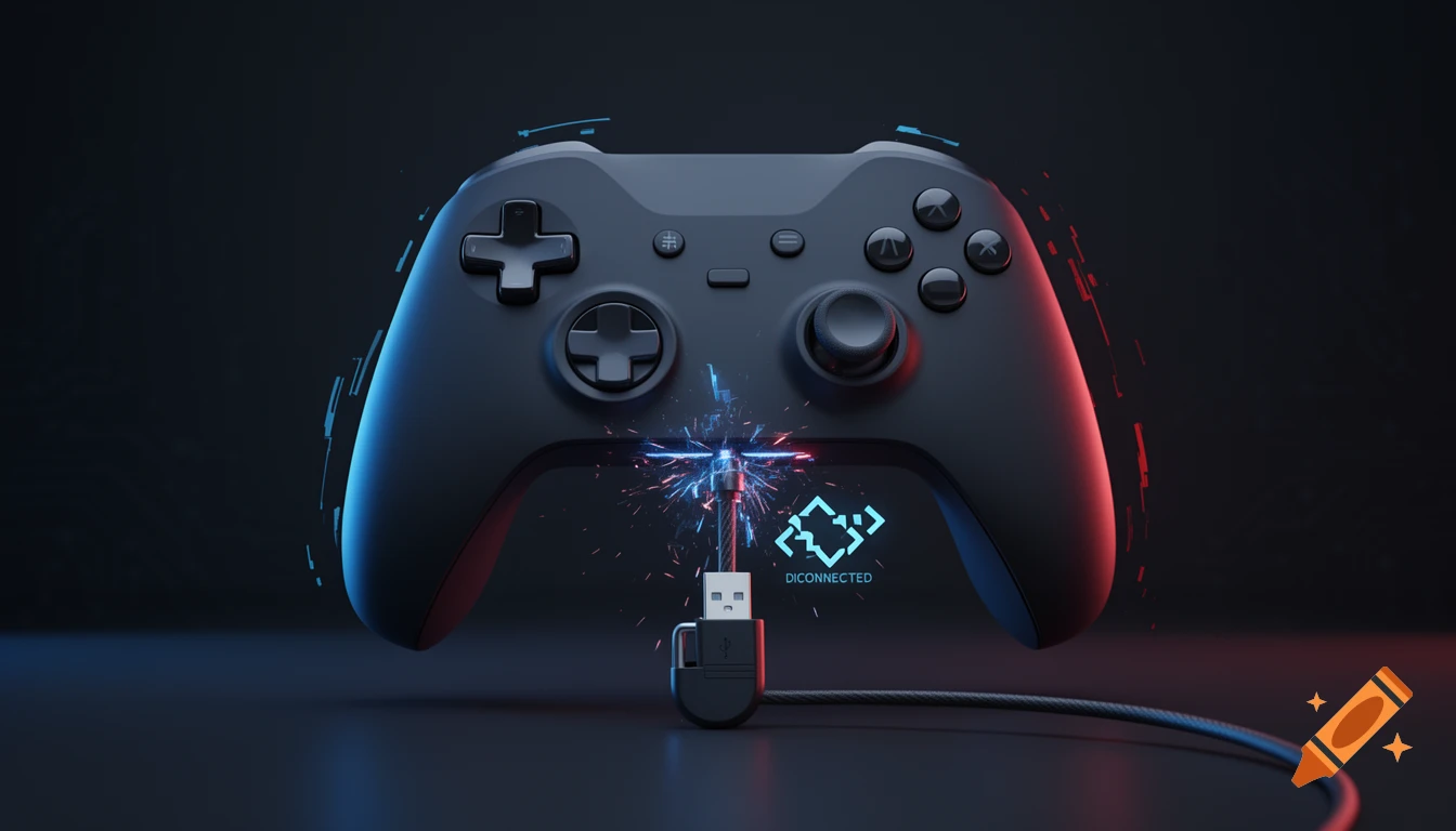 A modern black gaming controller floating against a dark background with blue and red lighting, showing sparks and misspelled text near the USB port.