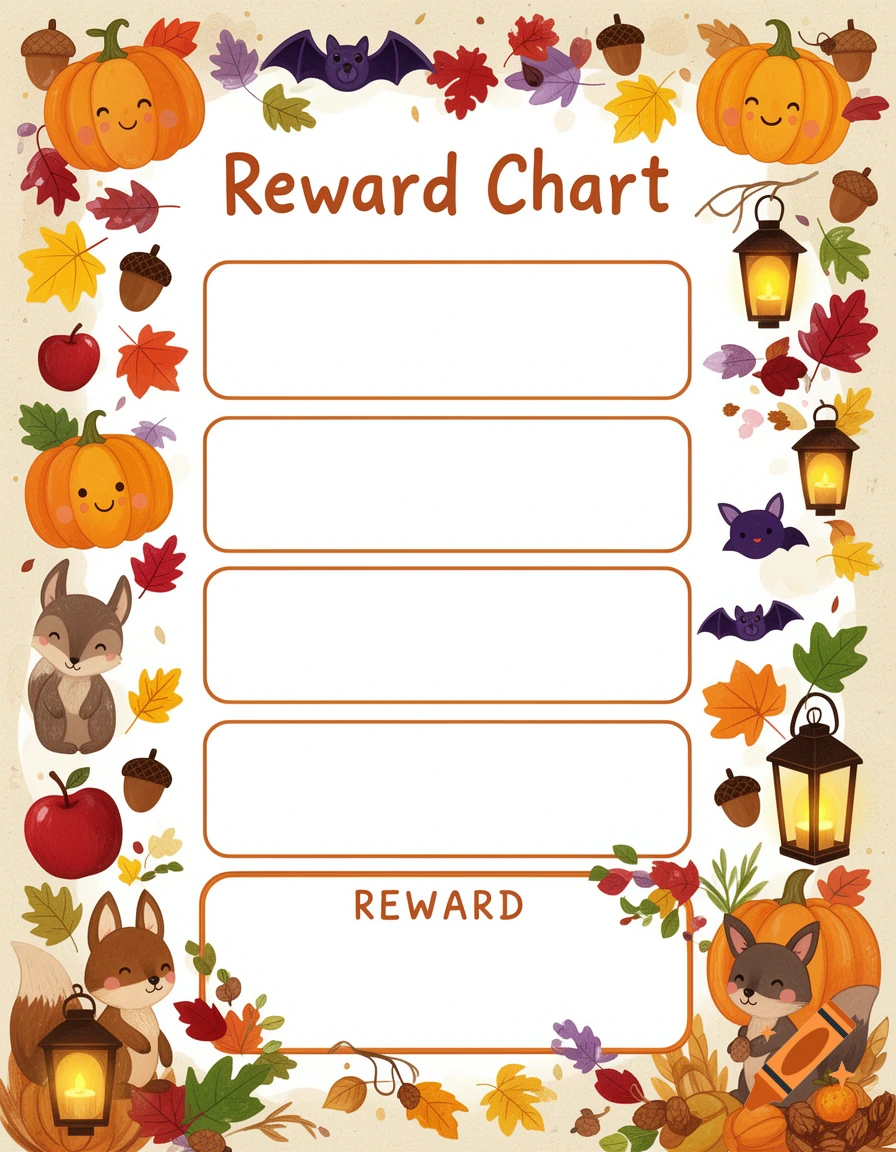 Autumn-themed reward chart illustration with cute animals, pumpkins, and leaves surrounding blank entry boxes.