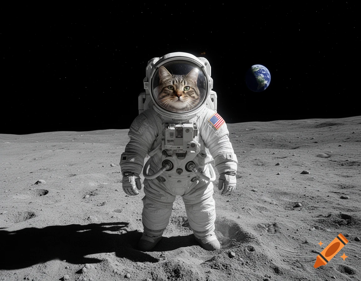 Photorealistic image of a tabby cat inside a spacesuit standing on the moon with Earth visible in the background.